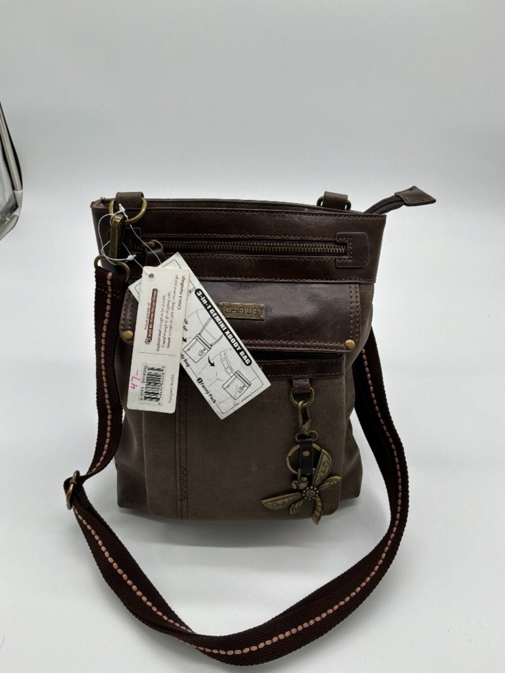 Chala Handbags 3-in-1 Gemini Crossbody Bag Faux Leather Grey/Brown NWT‎
